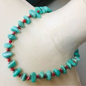 Hand crafted southwest style green chalcedony and red coral stone necklace